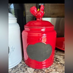 Red antique style chicken ceramic canister with chalkboard